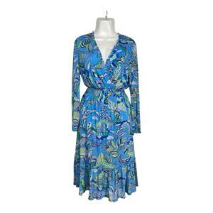 Kate & Lily Faux Wrap Dress 12 Blue Green Floral Long Sleeve Smocked Ruffle Boho